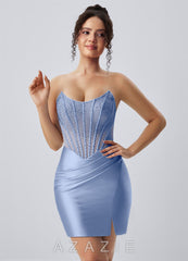 Lucienne Powder Blue Strapless Rhinestone Corset Slit Satin Mini Dress