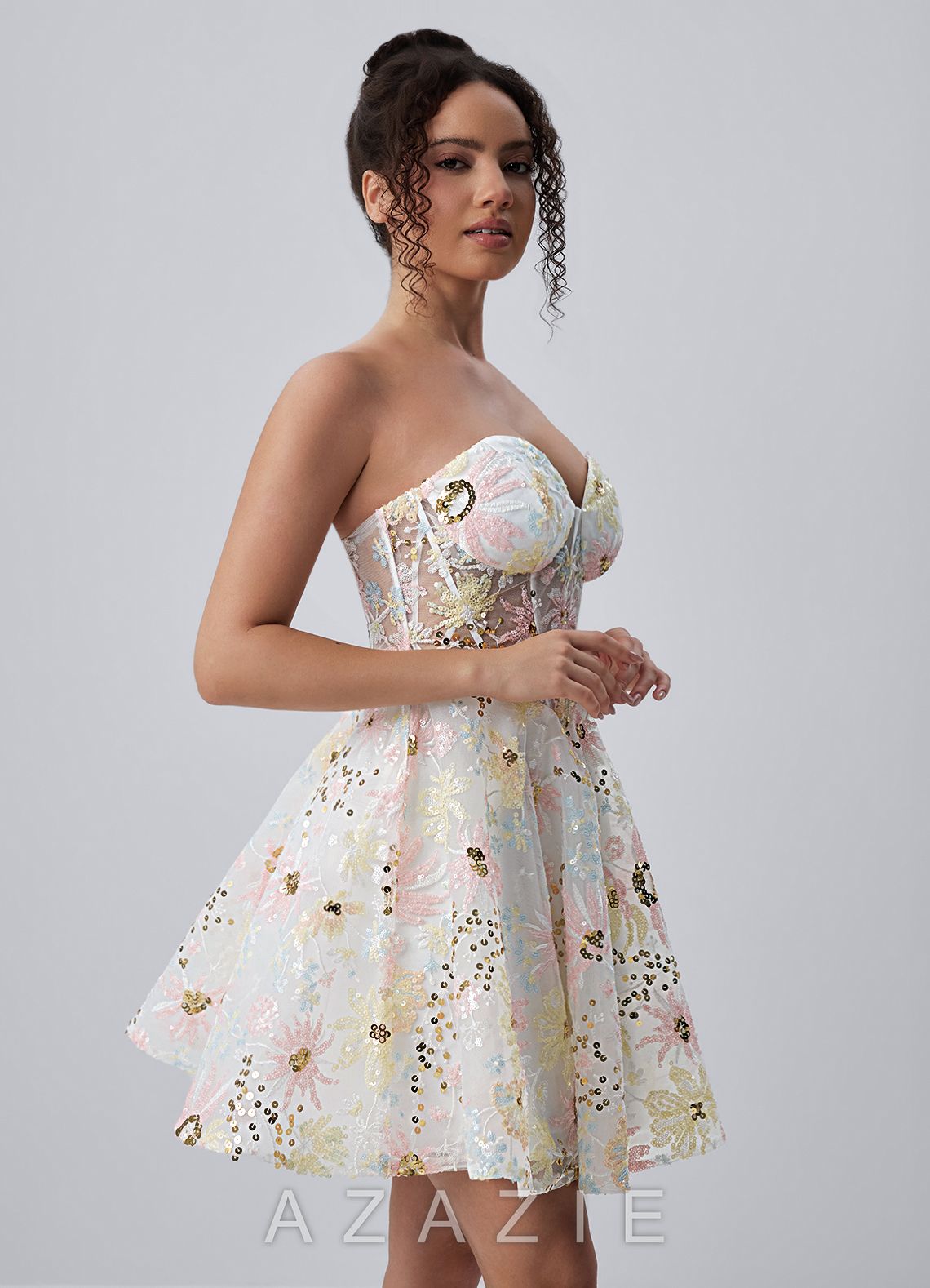 Julienne Ivory Strapless Floral Sequin Corset Skater Mini Dress