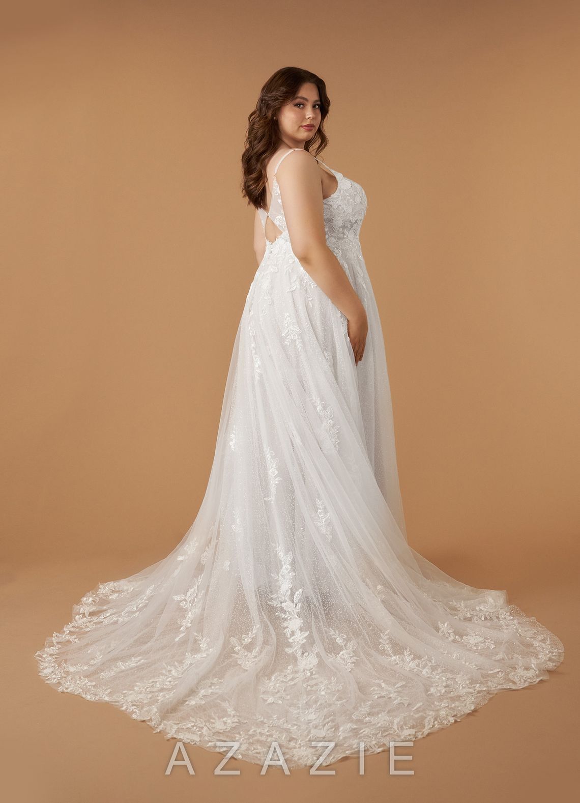 Azazie Arabelle Wedding Dress Diamond White A-Line V-Neck Lace Tulle Dress diamond_white