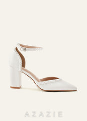 Pearl Embellished Chunky Block Heel Pumps Closed Toe Wedding Shoes