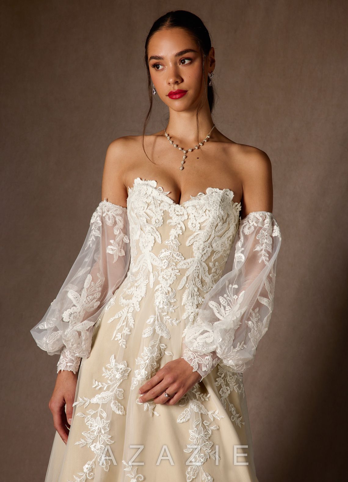 Azazie Madeleine Diamond White Champagne Ball-Gown Strapless Lace Dress