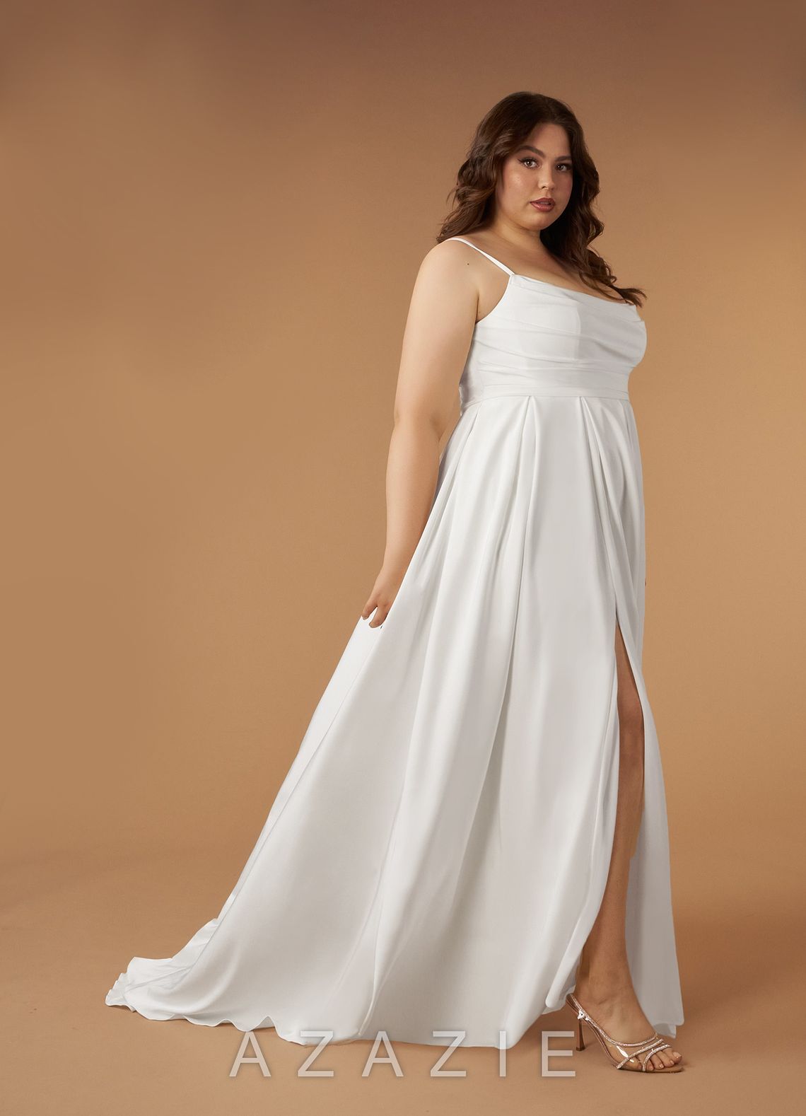 Azazie Caymus Wedding Dress Diamond White A-Line Scoop Pleated Crepe Back Satin Dress diamond_white