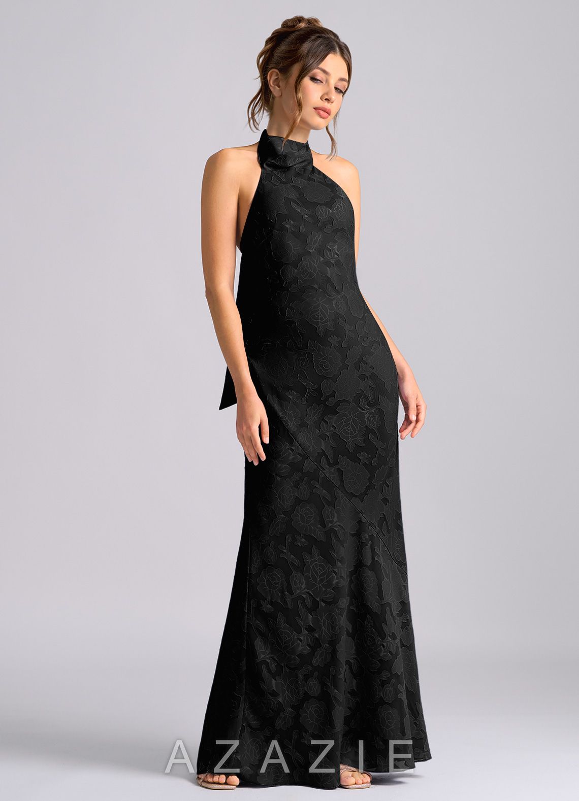 Azazie Velli Black Mermaid High Neck Floral Burnout Dress black