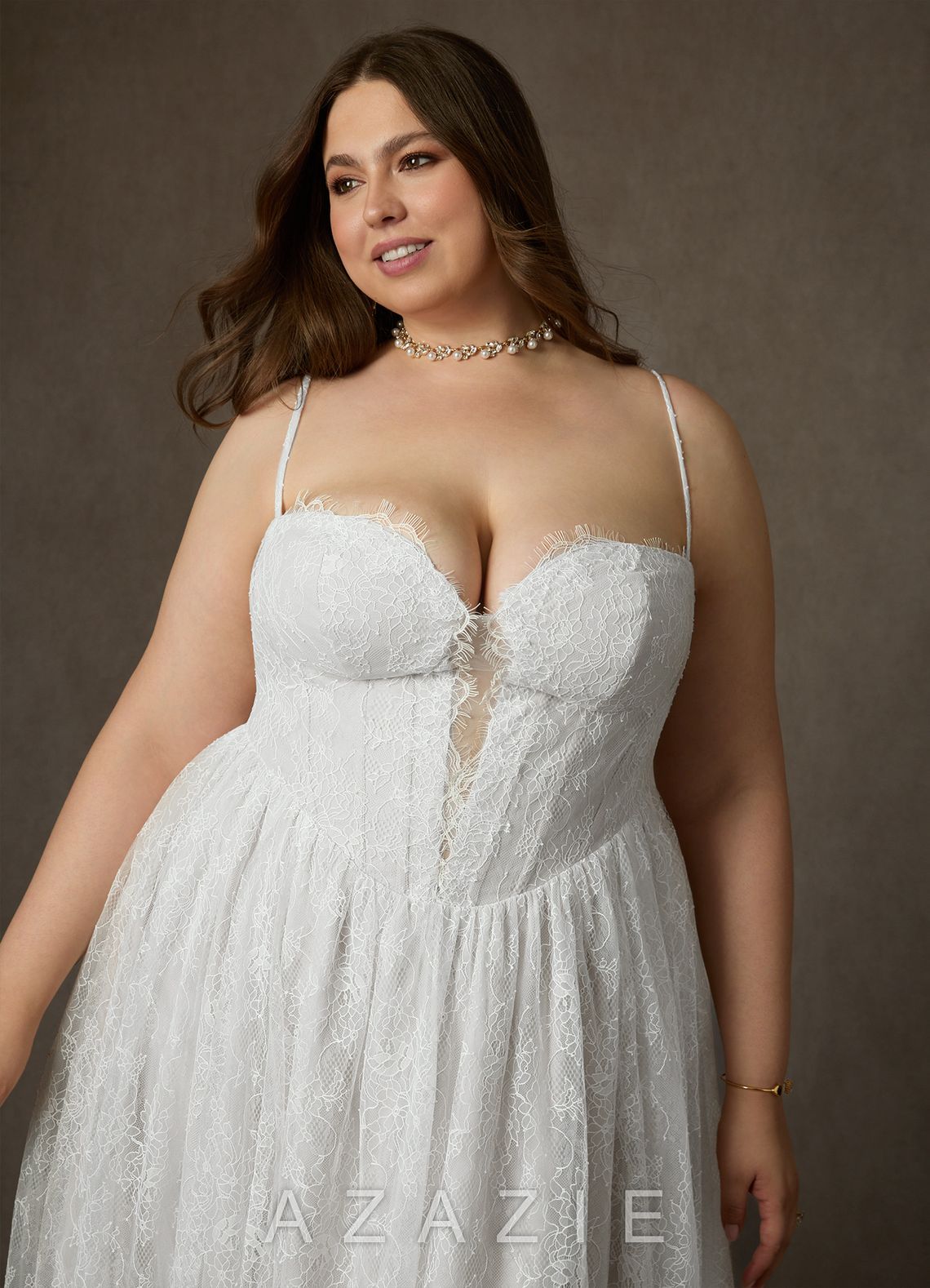 Azazie Lorena Diamond White A-Line Strapless Lace Dress