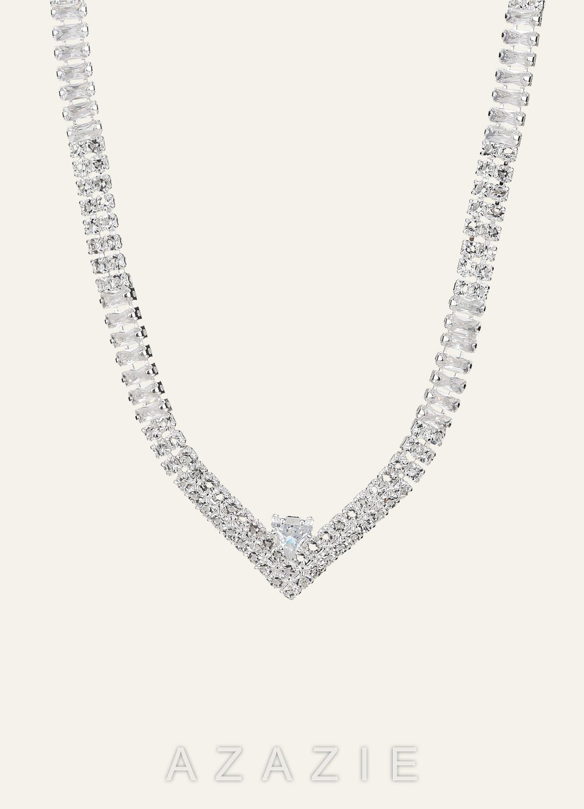 Pointed Collar Crystal Tennis Necklace and Earrings Jewelry Set  silver