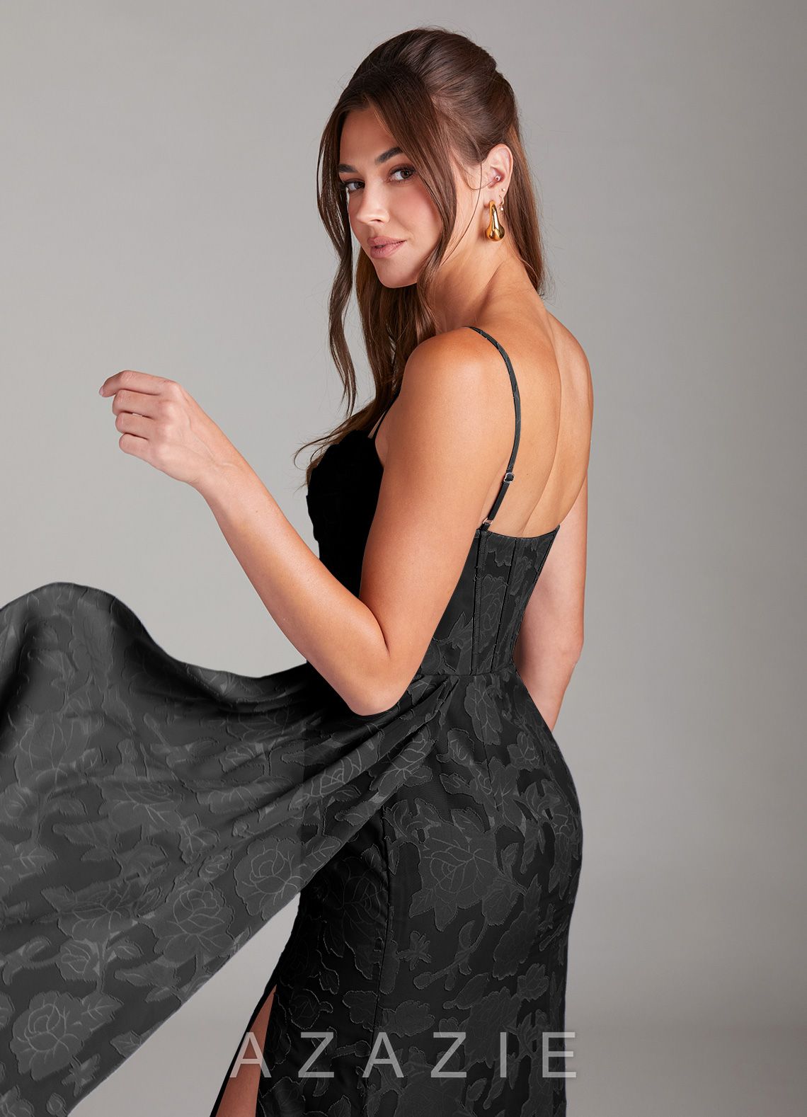 Azazie Denisa Black Sheath Pleated Floral Burnout Dress black