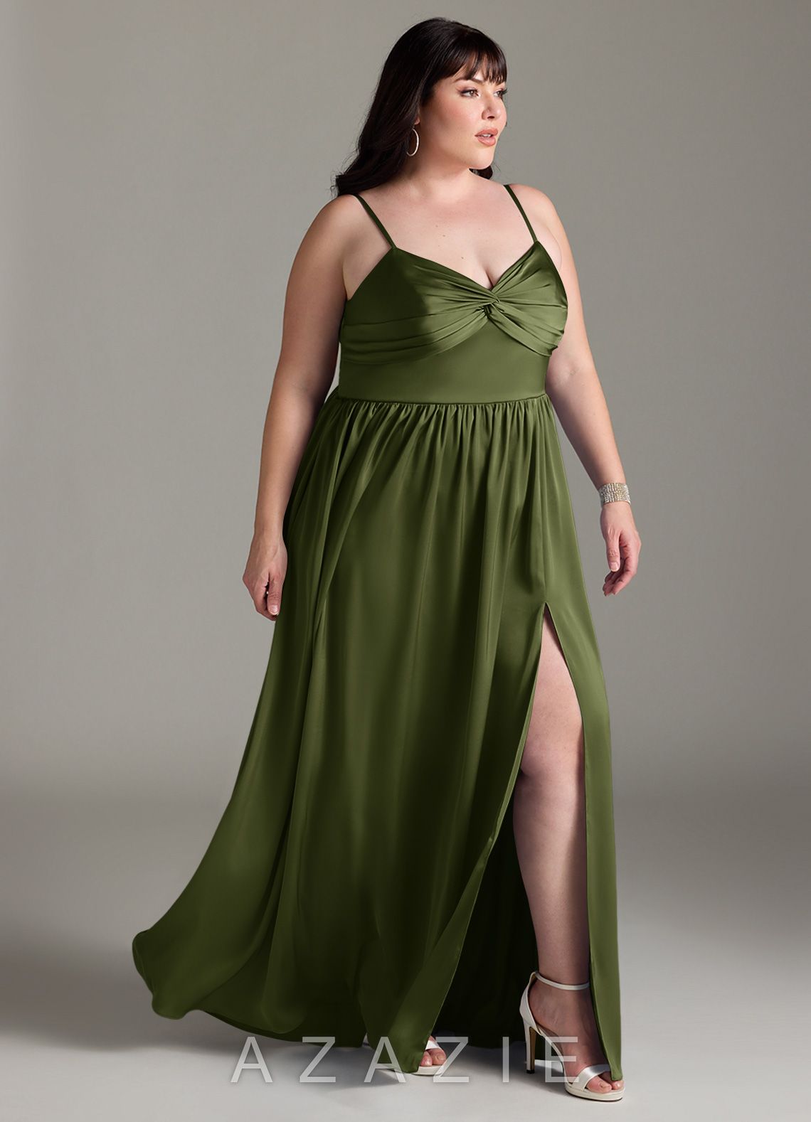 Azazie Zeya Olive A-Line Pleated Stretch Satin Dress olive