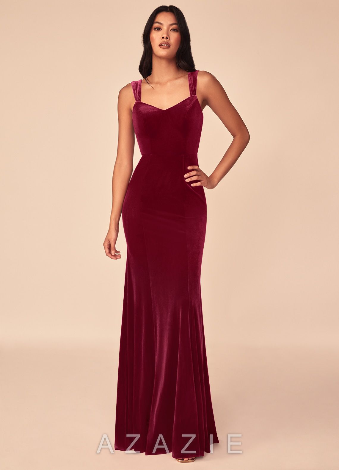 Azazie Lanessa Burgundy Mermaid V-Neck Keyhole Back Velvet Dress