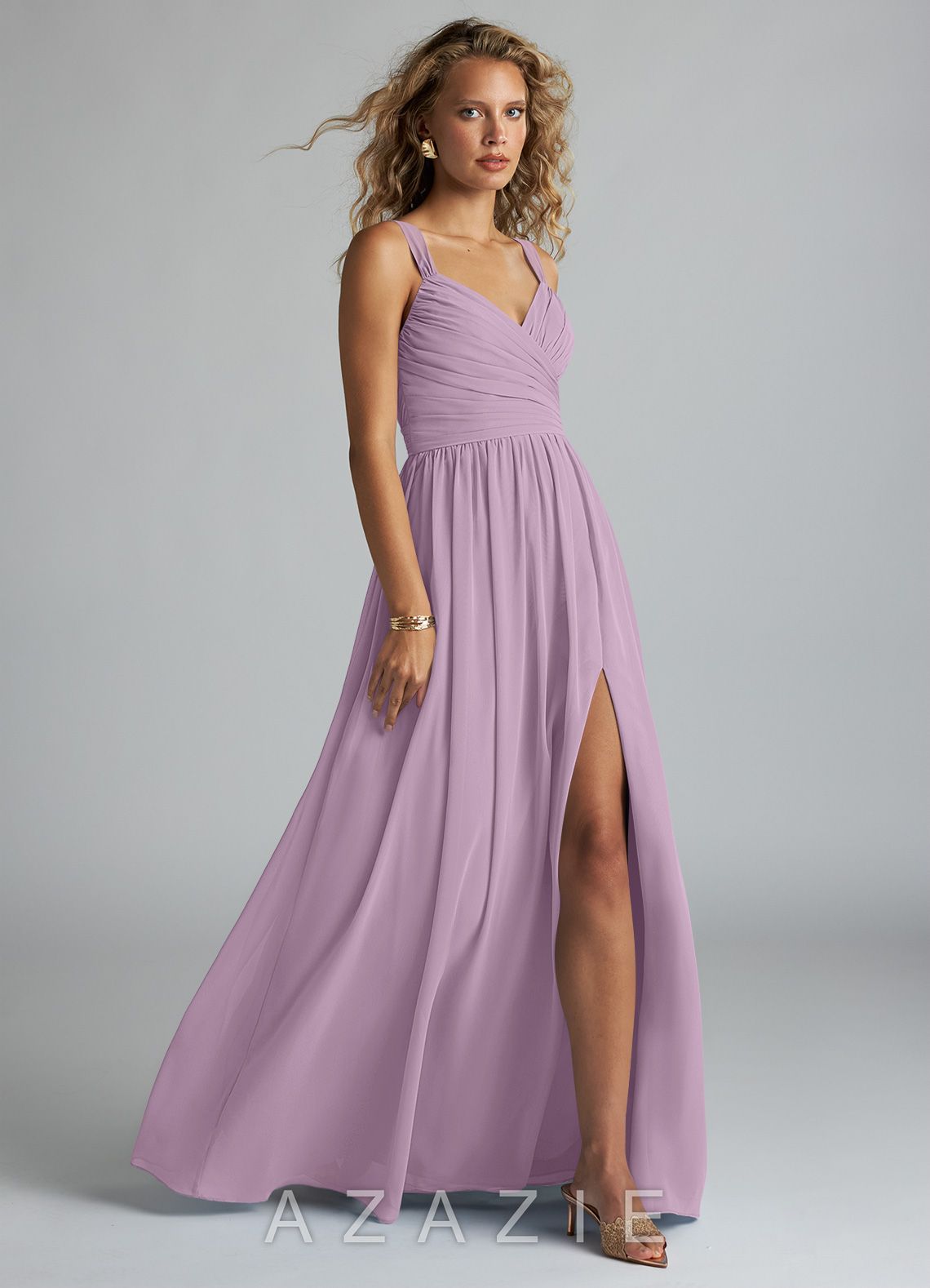 Azazie Aziza Wisteria A-Line V-Neck Pleated Chiffon Dress wisteria