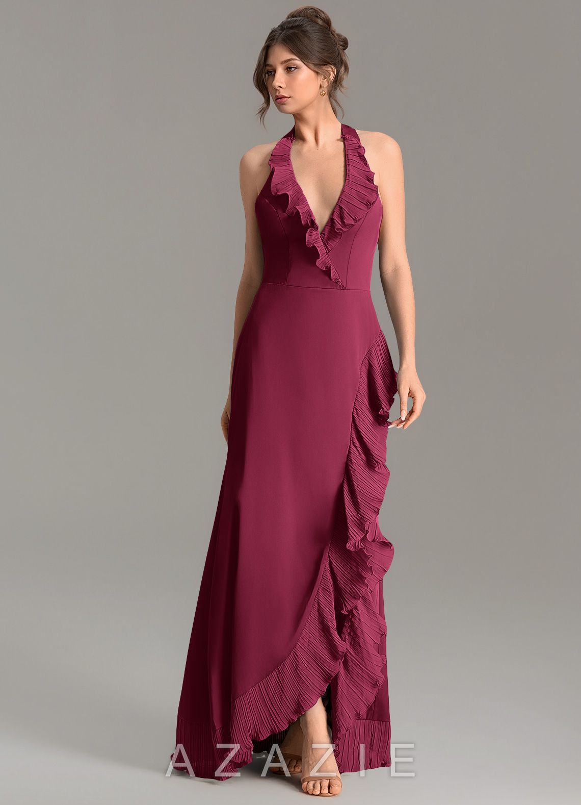 Azazie Mailon Burgundy Mermaid Ruched Stretch Satin Dress burgundy