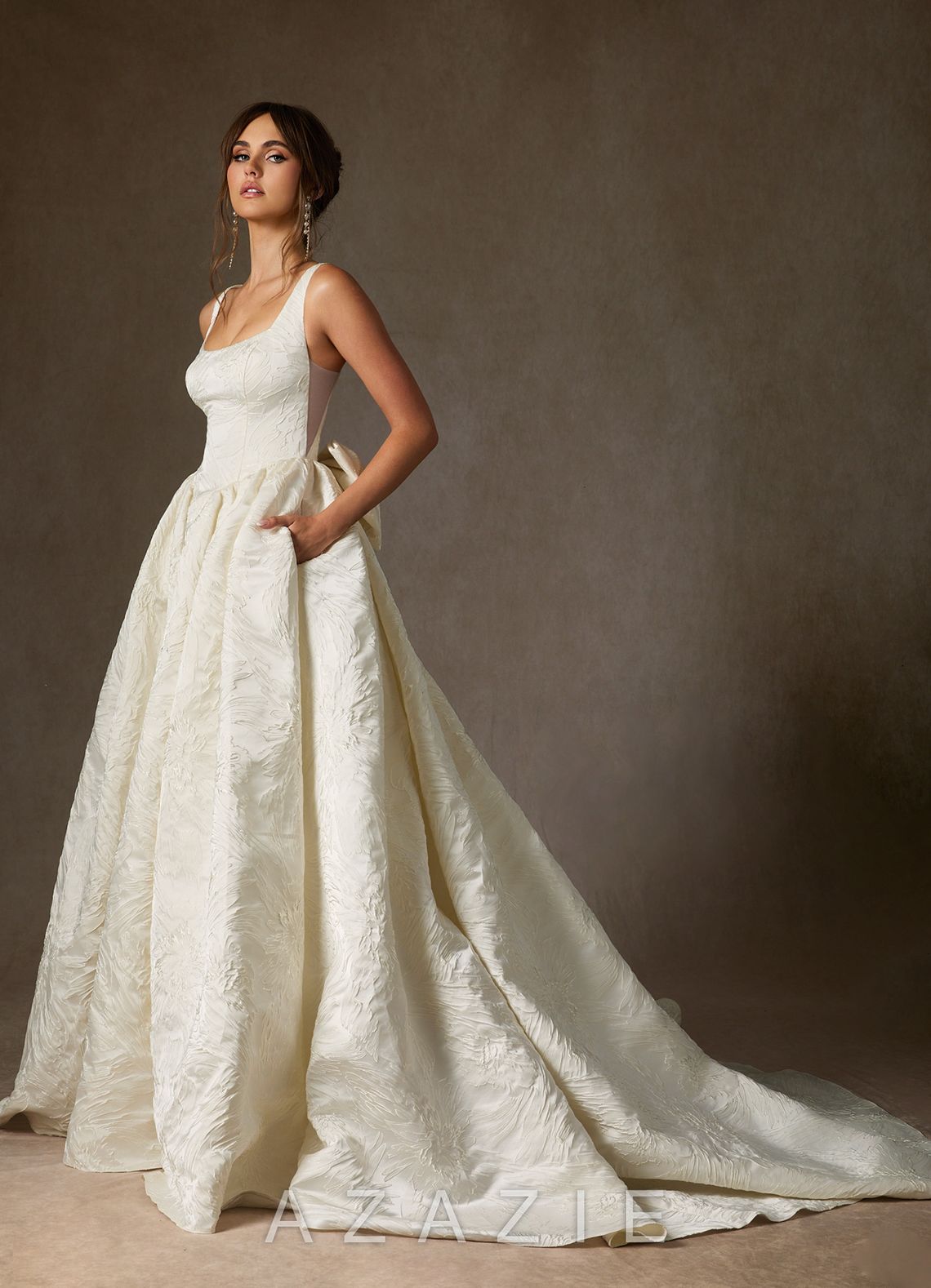 Azazie Skylin Antique White Ball-Gown with Pockets Floral Jacquard Dress antique_white