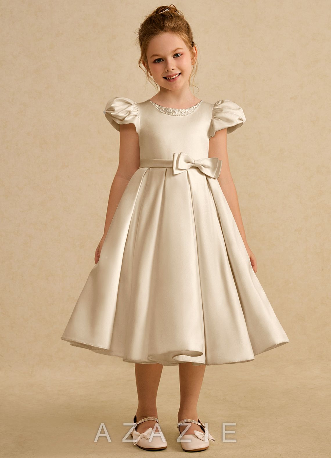 Azazie Pearl Champagne Ball-Gown Pleated Matte Satin Dress champagne