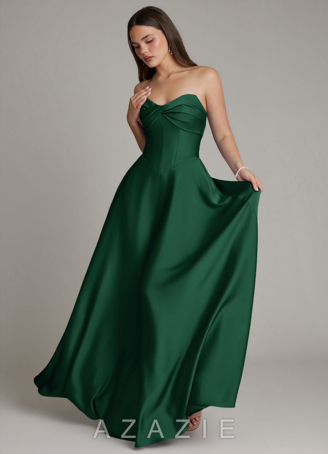 Azazie Meleena Dark Green A-Line Strapless Stretch Satin Dress dark_green