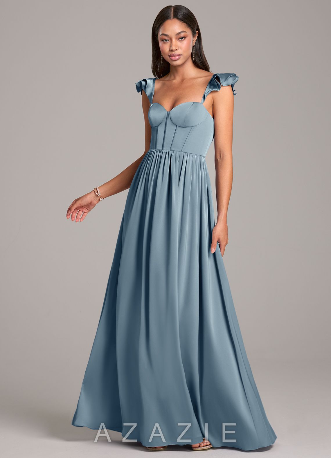 Azazie Denisse Dusty Blue A-Line Ruched Stretch Satin Dress dusty_blue