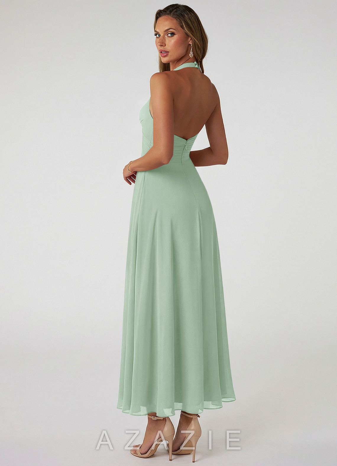 Azazie Tessie Agave A-Line Pleated Chiffon Dress agave