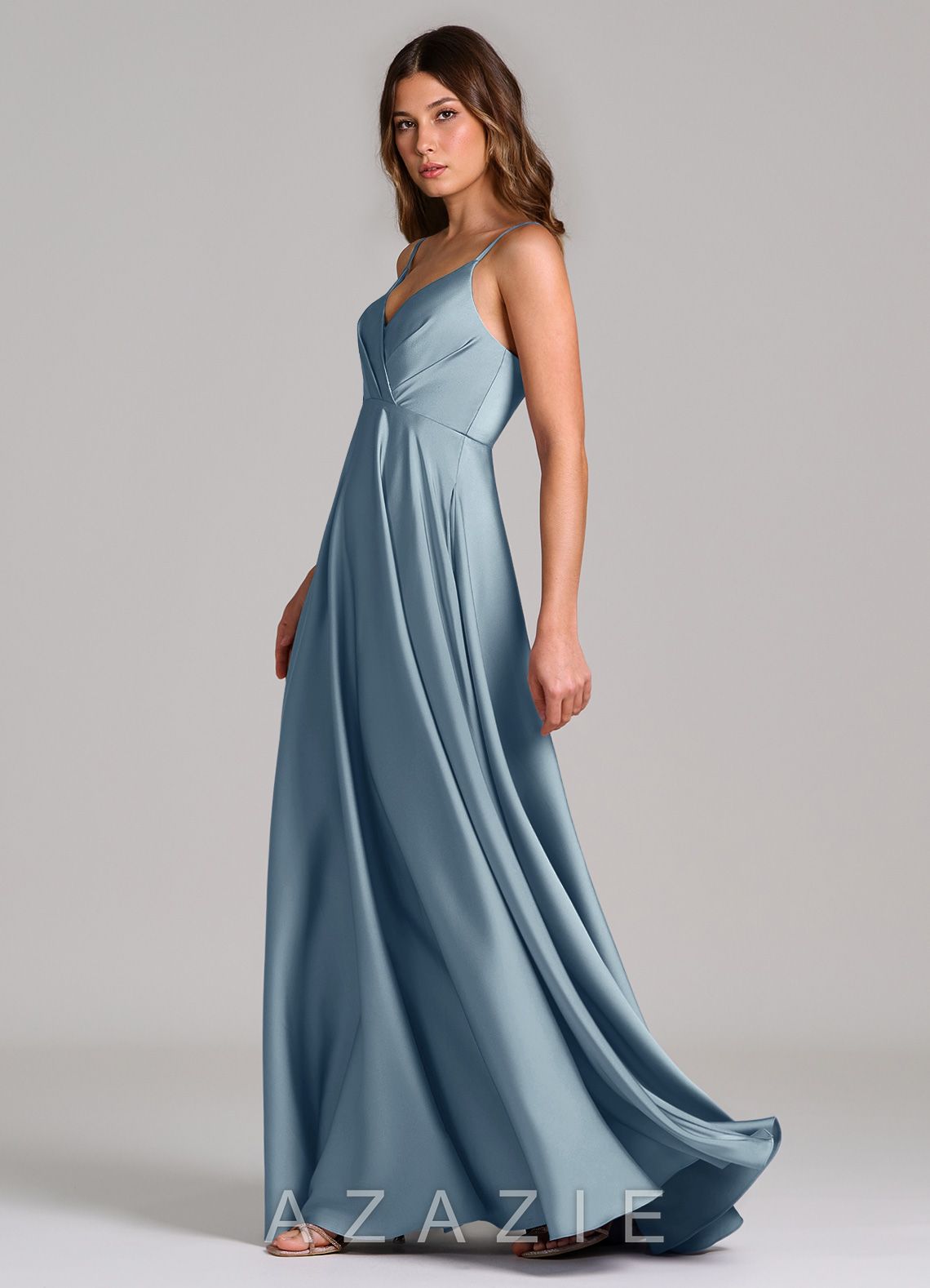 Azazie Amani Dusty Blue A-Line Pleated Stretch Satin Dress dusty_blue