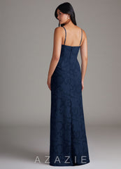 Azazie Maci Dark Navy Sheath Pleated Floral Burnout Dress dark_navy
