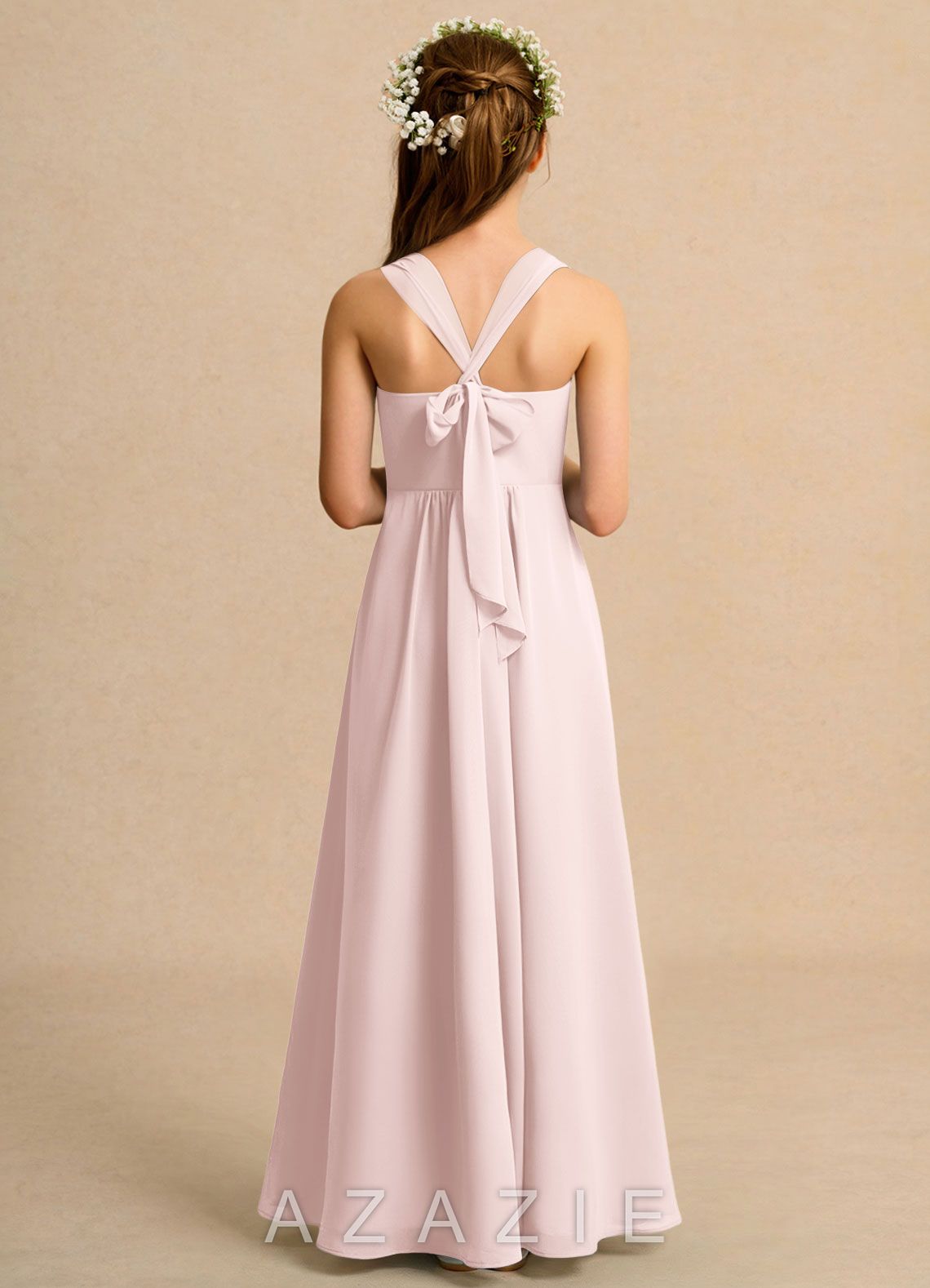 Azazie Tater Girls Formal Blushing Pink A-Line Pleated Chiffon Dress blushing_pink
