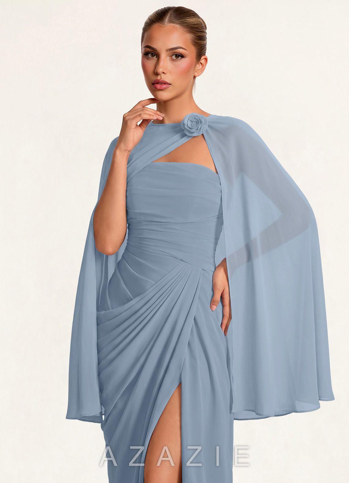 Azazie Matching Floral Rosette Clasp Chiffon Capelet  dusty_blue