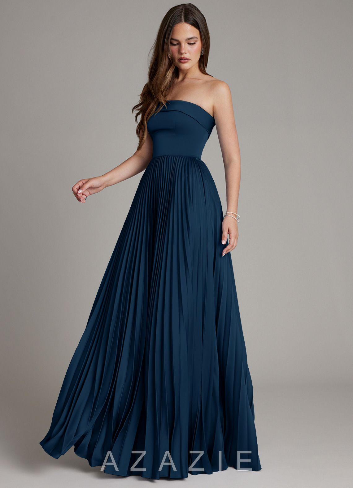 Azazie Mariana Dark Navy A-Line Pleated Stretch Satin Dress dark_navy