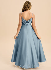 Azazie Bug Junior Dusty Blue A-Line Pleated Stretch Satin Dress dusty_blue
