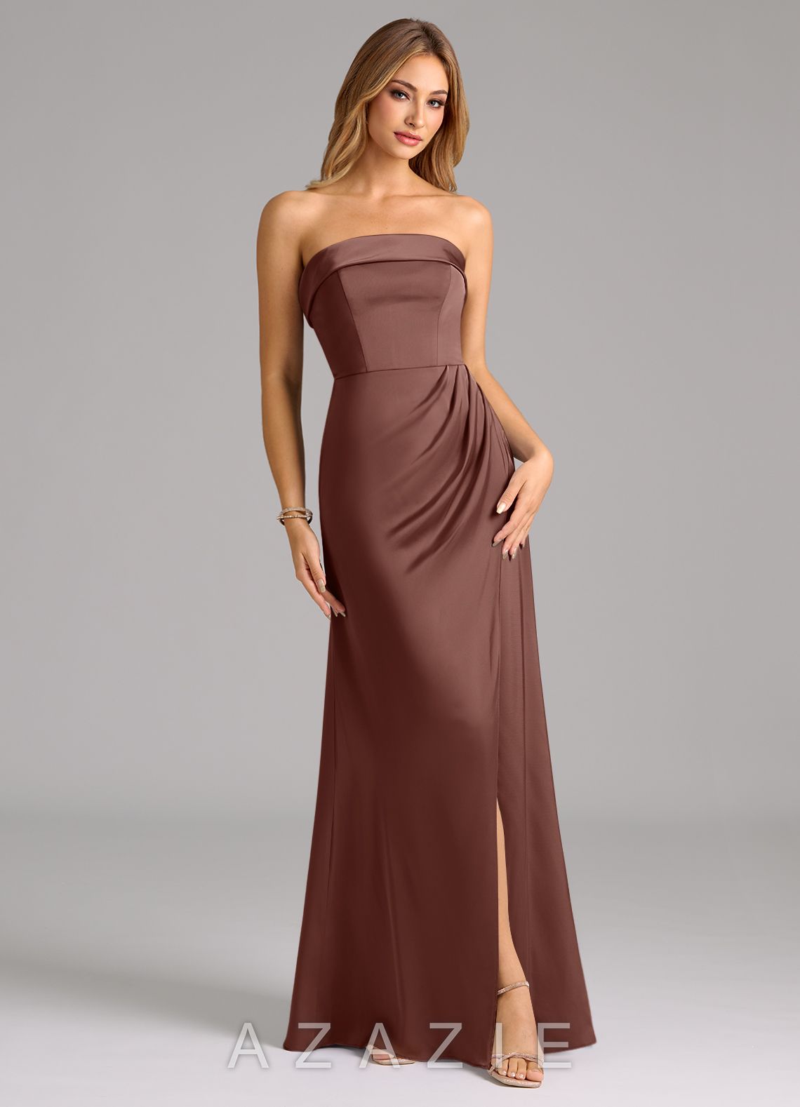 Azazie Aretha Espresso A-Line Strapless Stretch Satin Convertible Dress