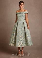 Azazie Centralia Aqua Blue Jacquard A-Line Off the Shoulder Floral Jacquard Dress