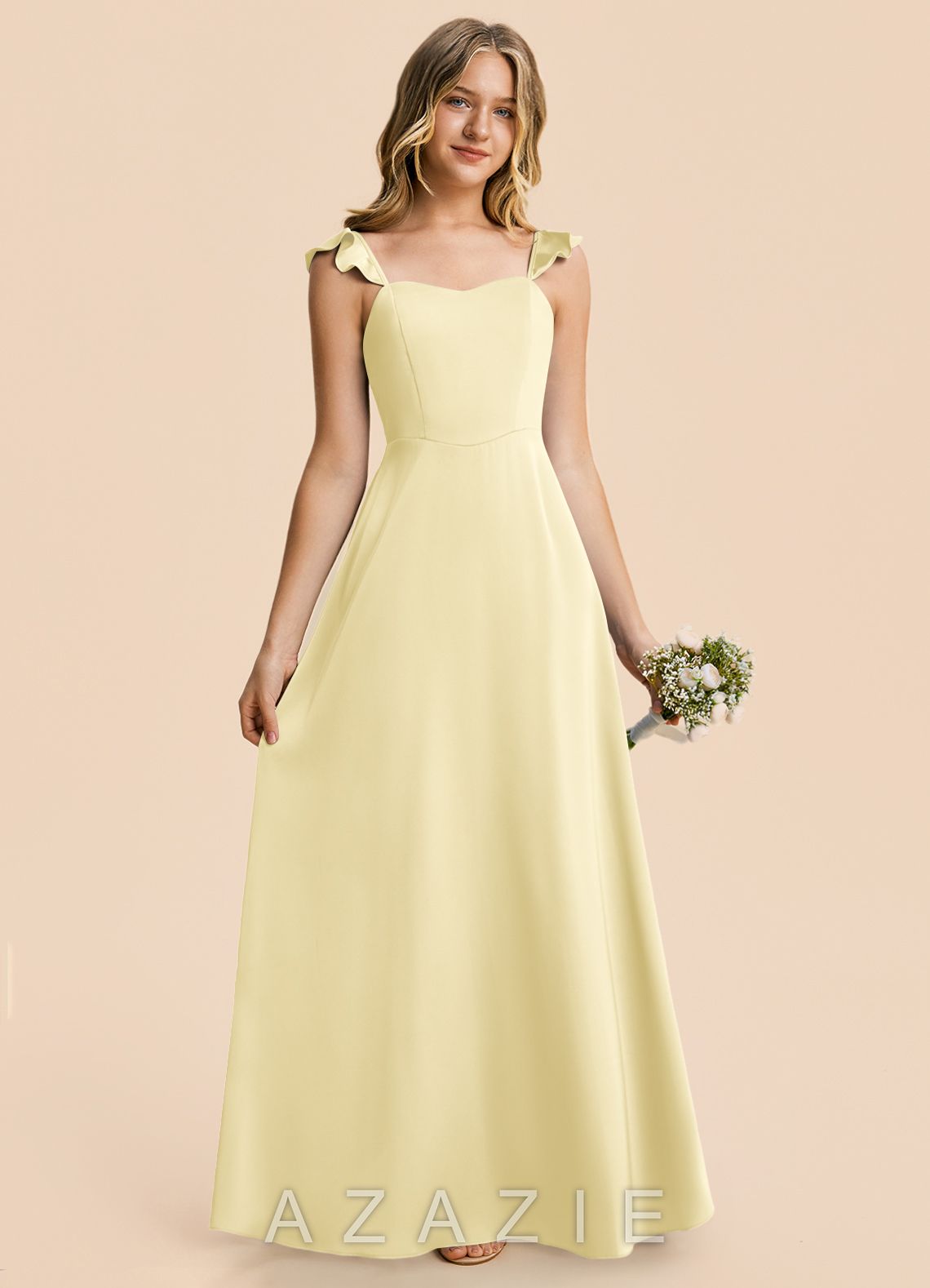 Azazie Mavie Junior Lemon Sorbet A-Line Ruched Stretch Satin Dress