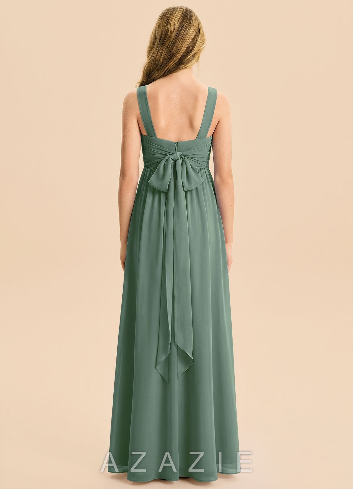 Azazie Kora Junior Eucalyptus A-Line Pleated Chiffon Dress eucalyptus