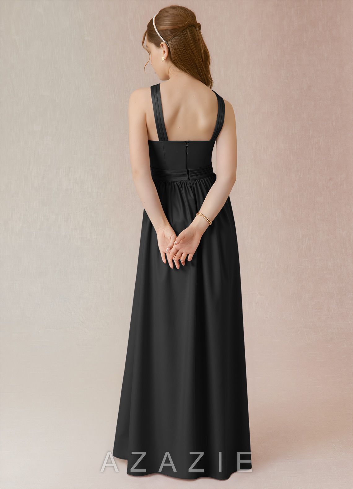 Azazie Jiya Junior Black A-Line Pleated Stretch Satin Dress black