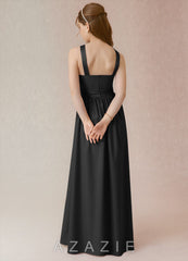 Azazie Jiya Junior Black A-Line Pleated Stretch Satin Dress black