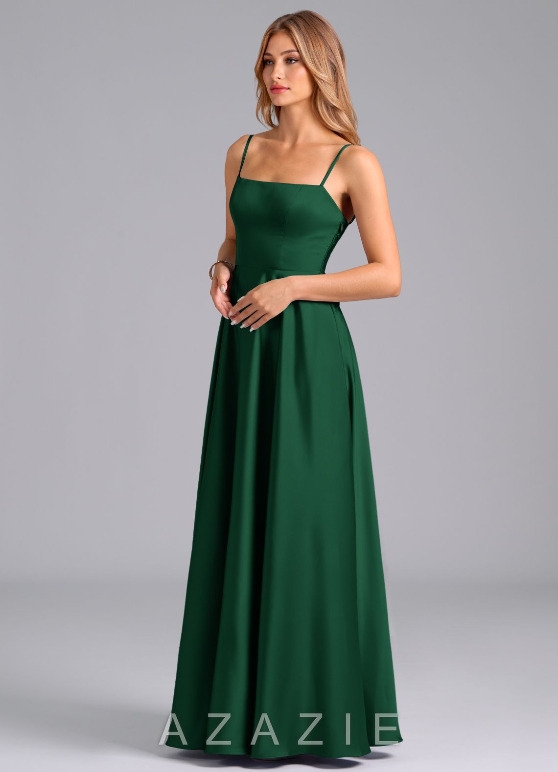 Azazie Elita Dark Green A-Line Pleated Stretch Satin Dress dark_green