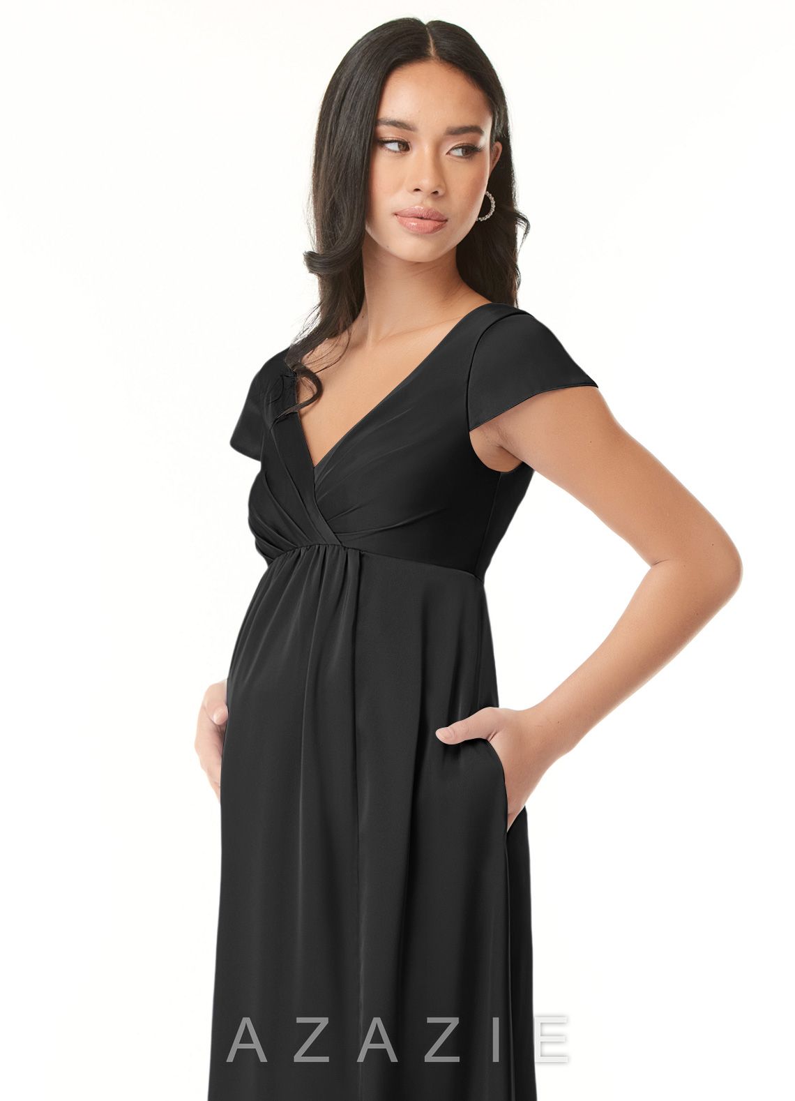 Azazie Allessia Stretch Satin Dress A-Line Pleated Stretch Satin Floor-Length Dress black