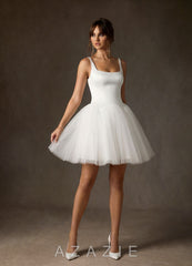 Azazie Annora Diamond White A-Line Square Neckline Tulle Dress diamond_white