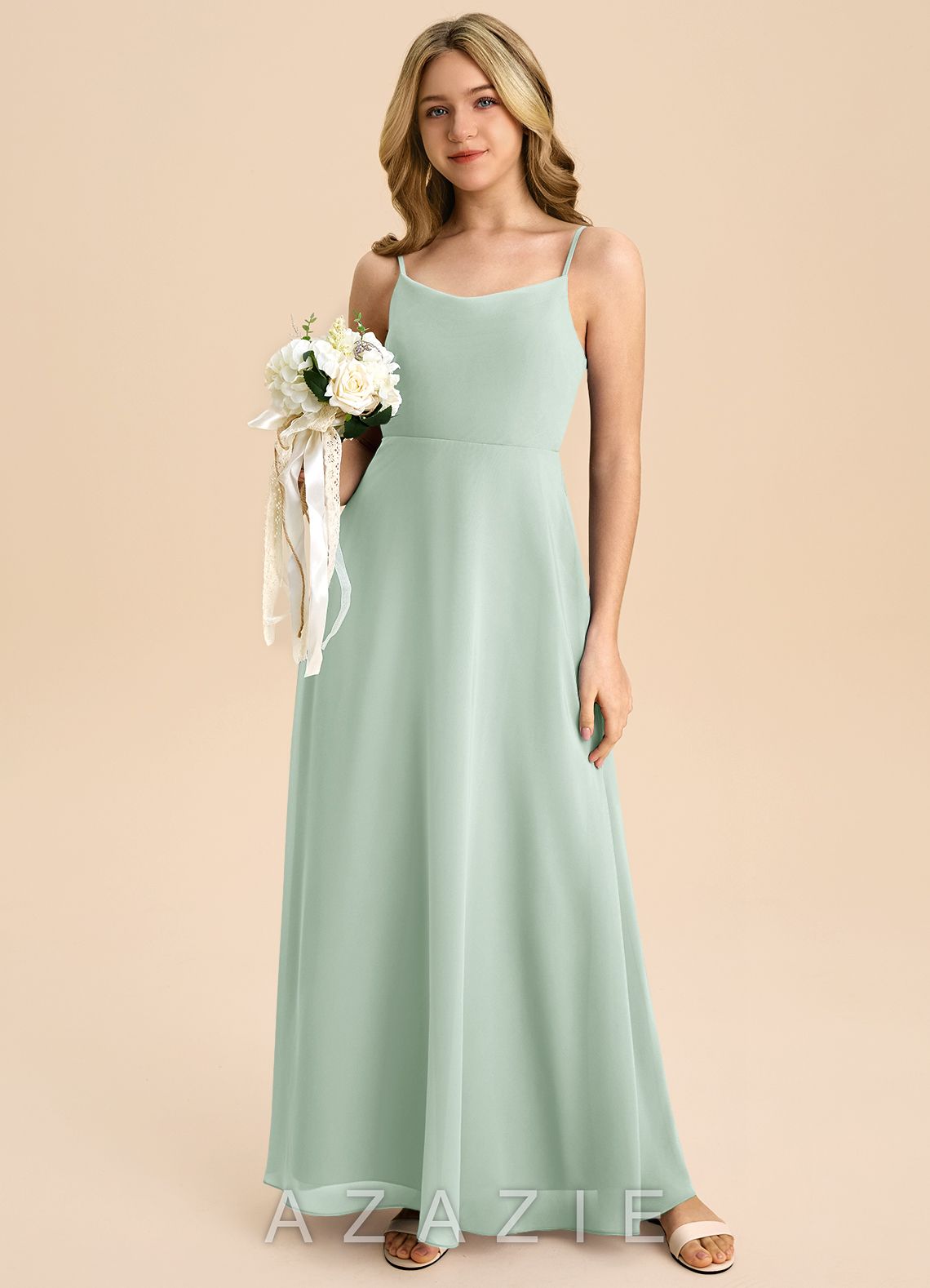 Azazie Shale Junior Agave A-Line Bow Chiffon Dress agave