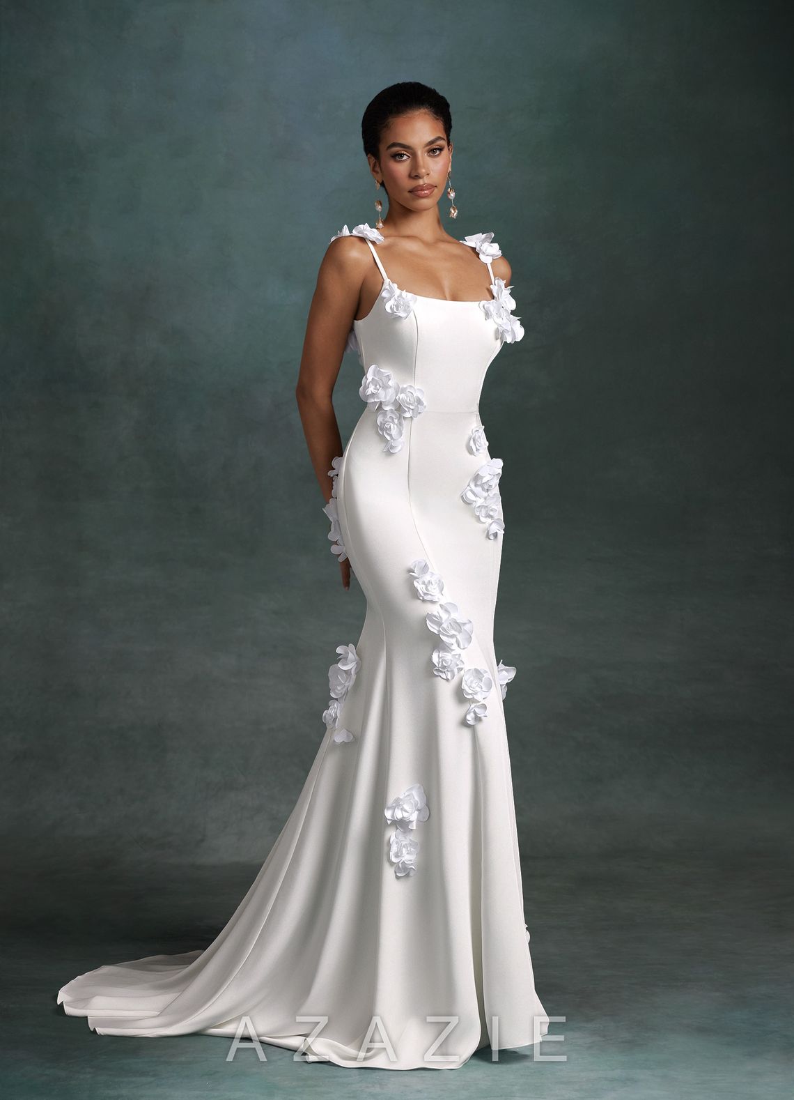 Azazie Jaslyn Diamond White Mermaid Square Neckline Crepe Back Satin Dress