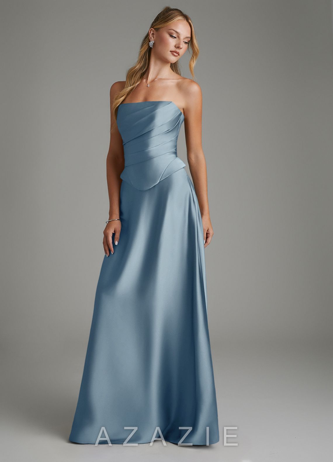 Azazie Amina Dusty Blue A-Line Corset Stretch Satin Dress dusty_blue