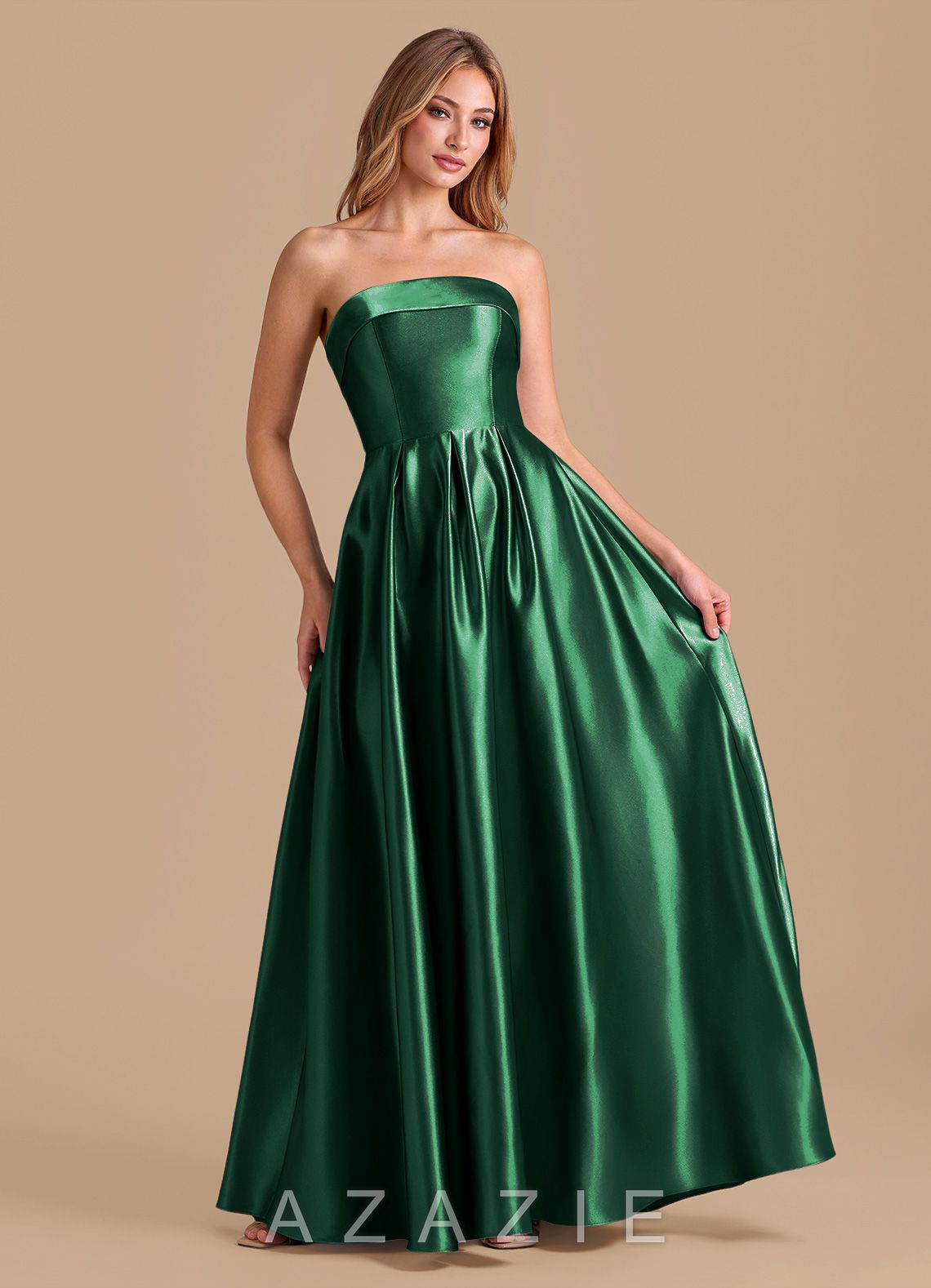 Azazie Lucienne Dark Green A-Line Pleated Metallic Satin Dress dark_green