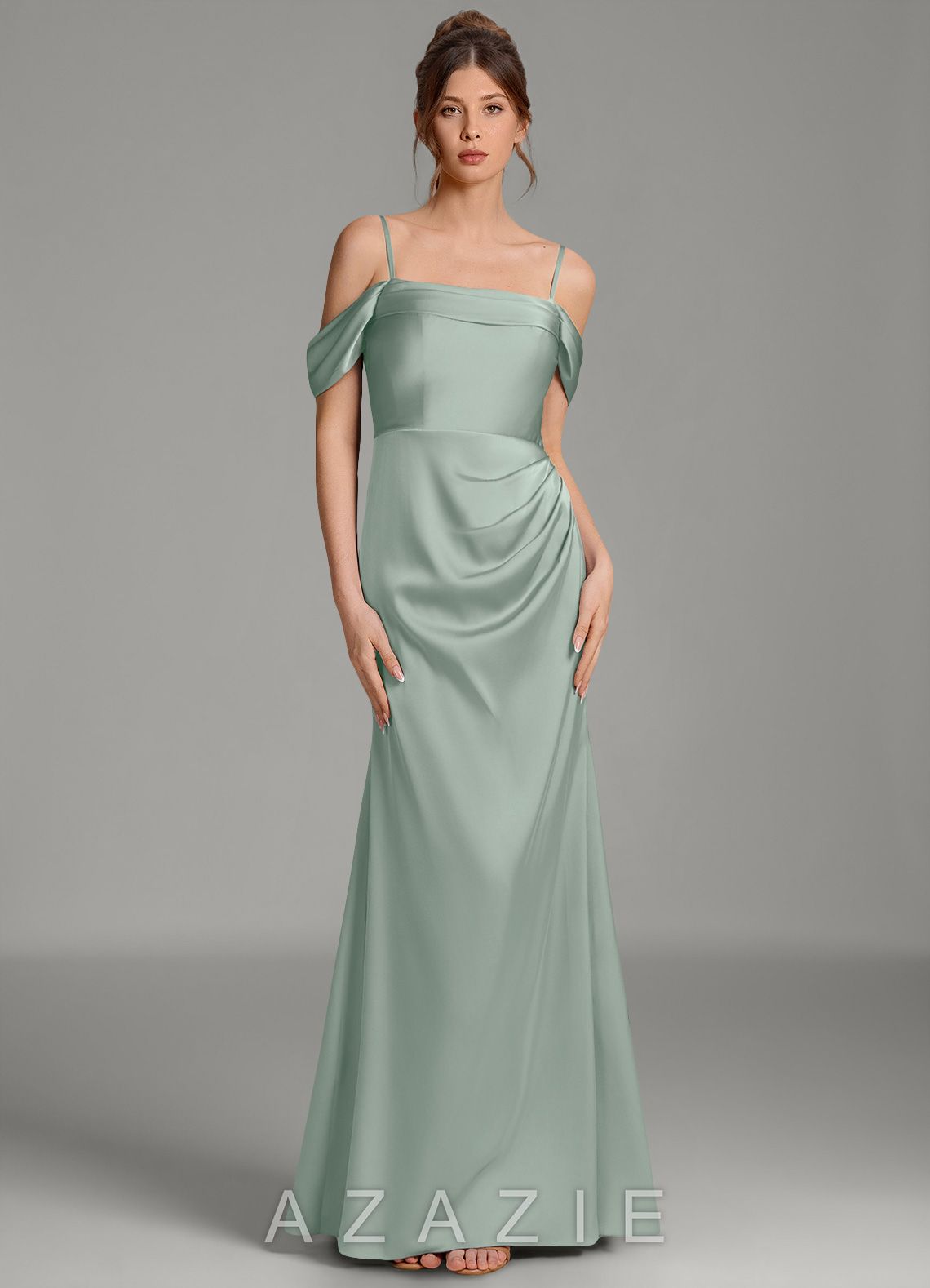 Azazie Wyatt Agave Mermaid Off the Shoulder Stretch Satin Dress agave