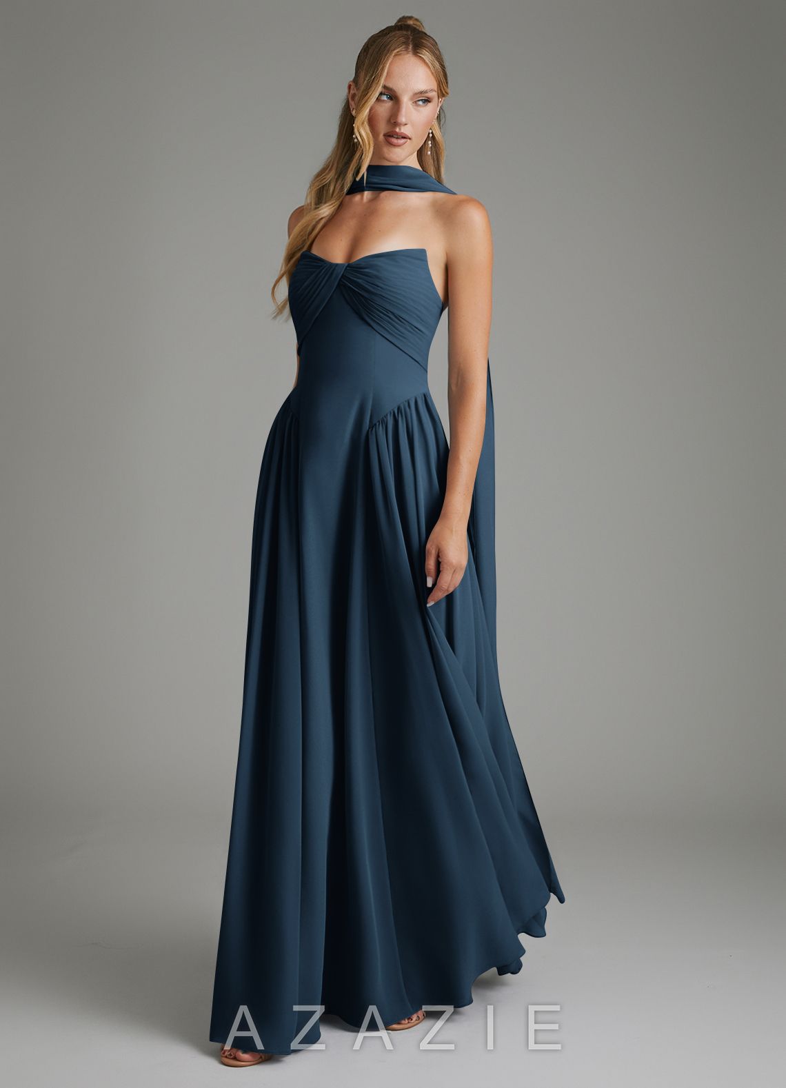Azazie Evan Dark Navy A-Line Strapless Chiffon Dress dark_navy