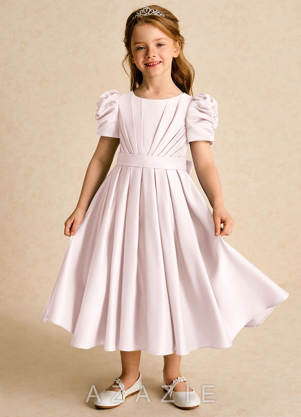 Azazie Miriam Blushing Pink Ball-Gown Pleated Matte Satin Dress blushing_pink