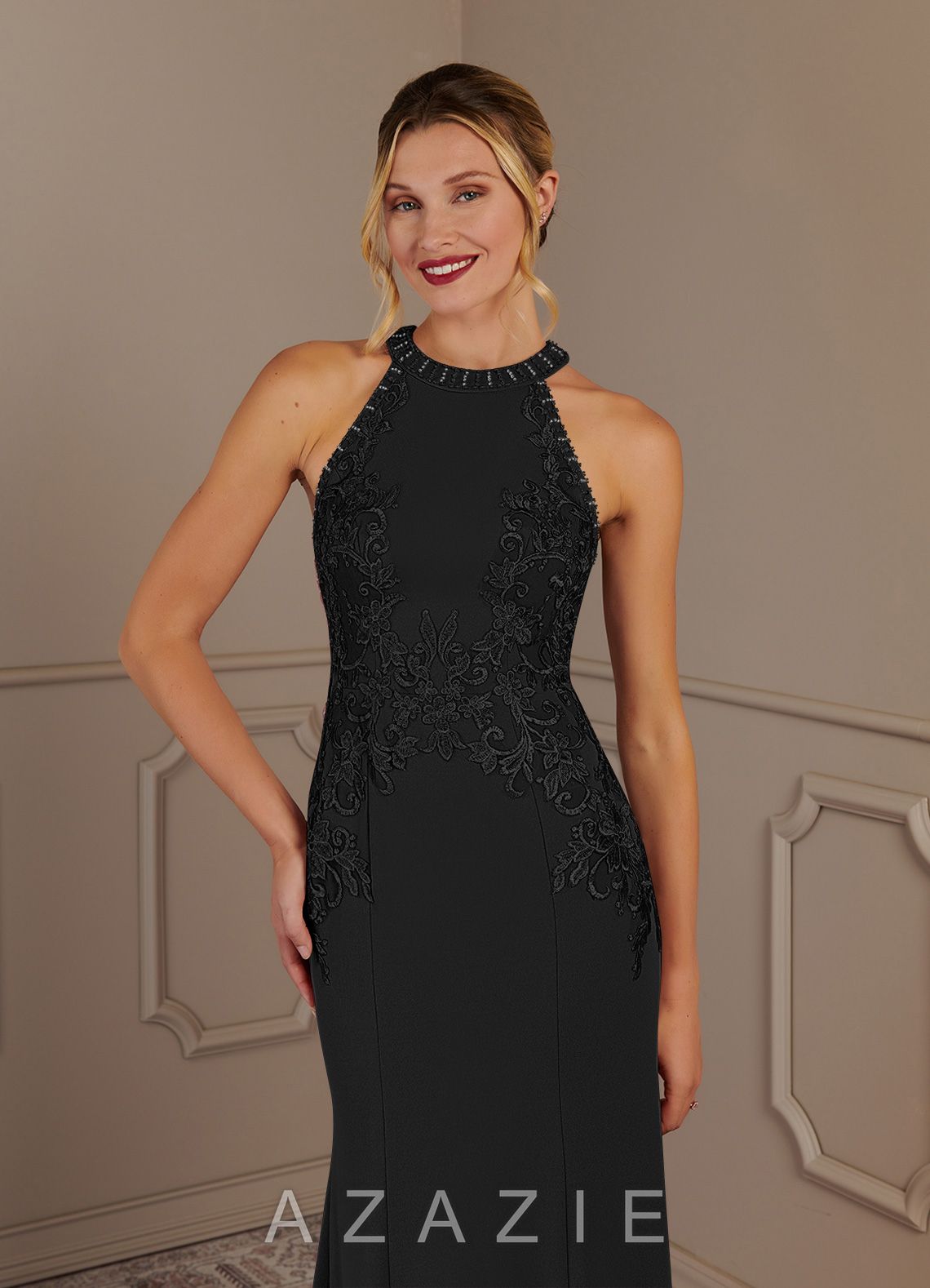 Azazie Tyra Black Mermaid Halter Lace Stretch Crepe Dress black