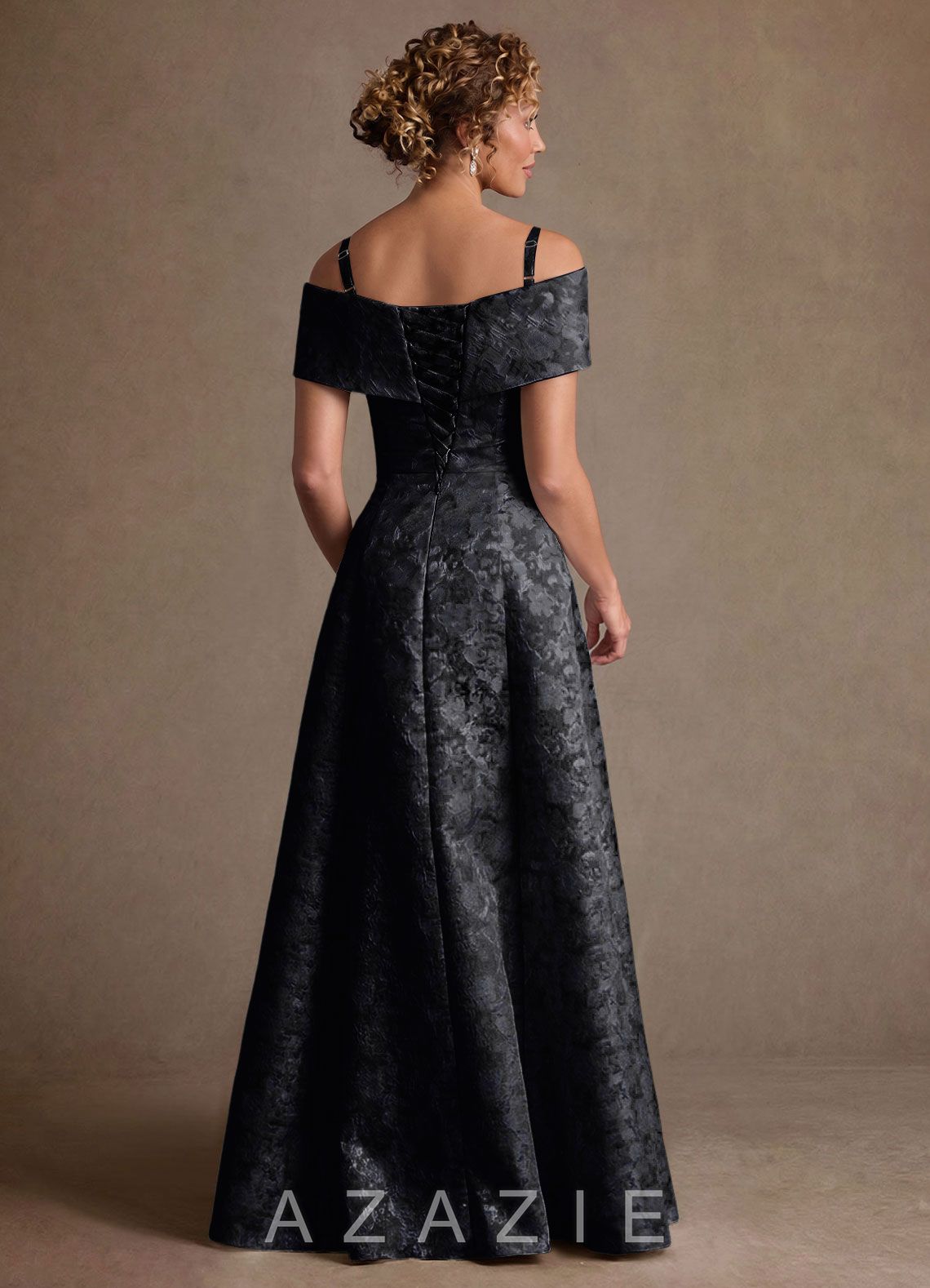 Azazie Harriett Black A-Line Off the Shoulder Floral Jacquard Dress black