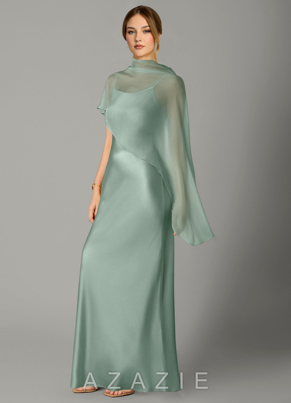 Azazie Jaleesa Agave Sheath High Neck Stretch Satin Dress agave