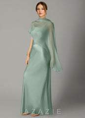 Azazie Jaleesa Agave Sheath High Neck Stretch Satin Dress agave