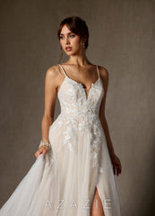 Azazie Nikita Wedding Dress Diamond White Champagne A-Line Sequins Tulle Dress diamond_white/champagne