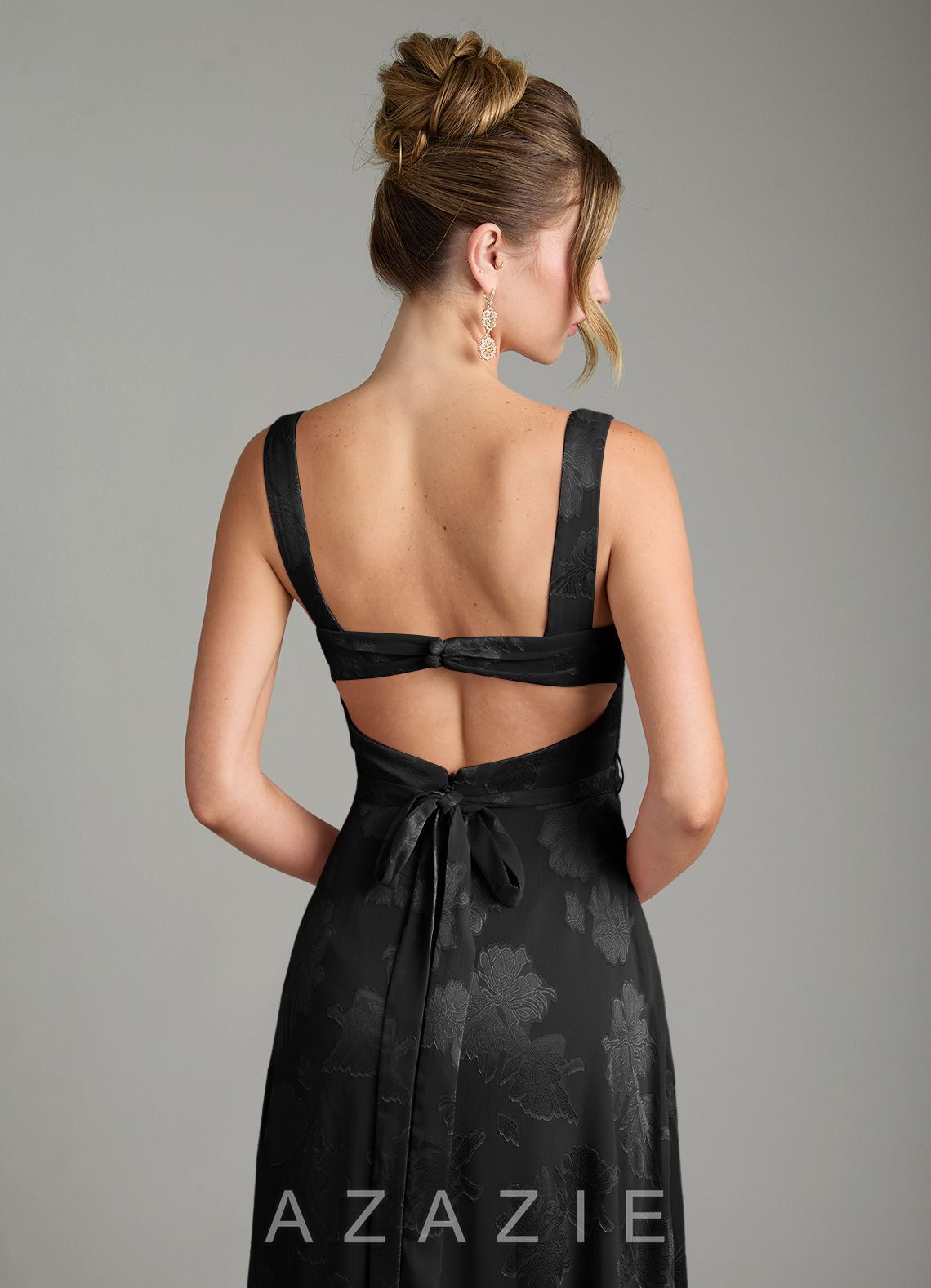 Azazie Cheyenne Black A-Line Pleated Floral Jacquard Burnout Dress black