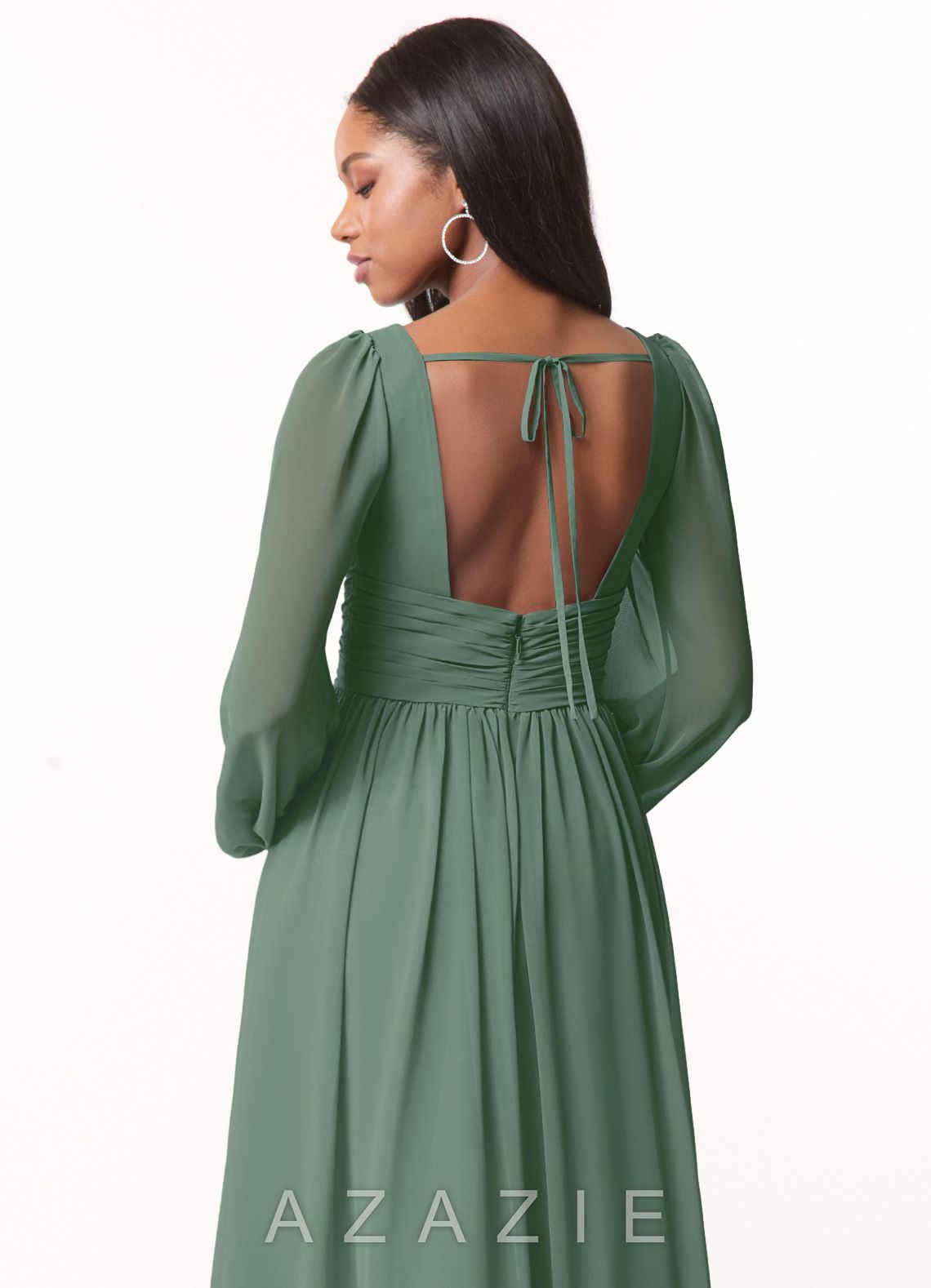 Azazie Norah Eucalyptus A-Line V-Neck Long Sleeve Chiffon Dress eucalyptus