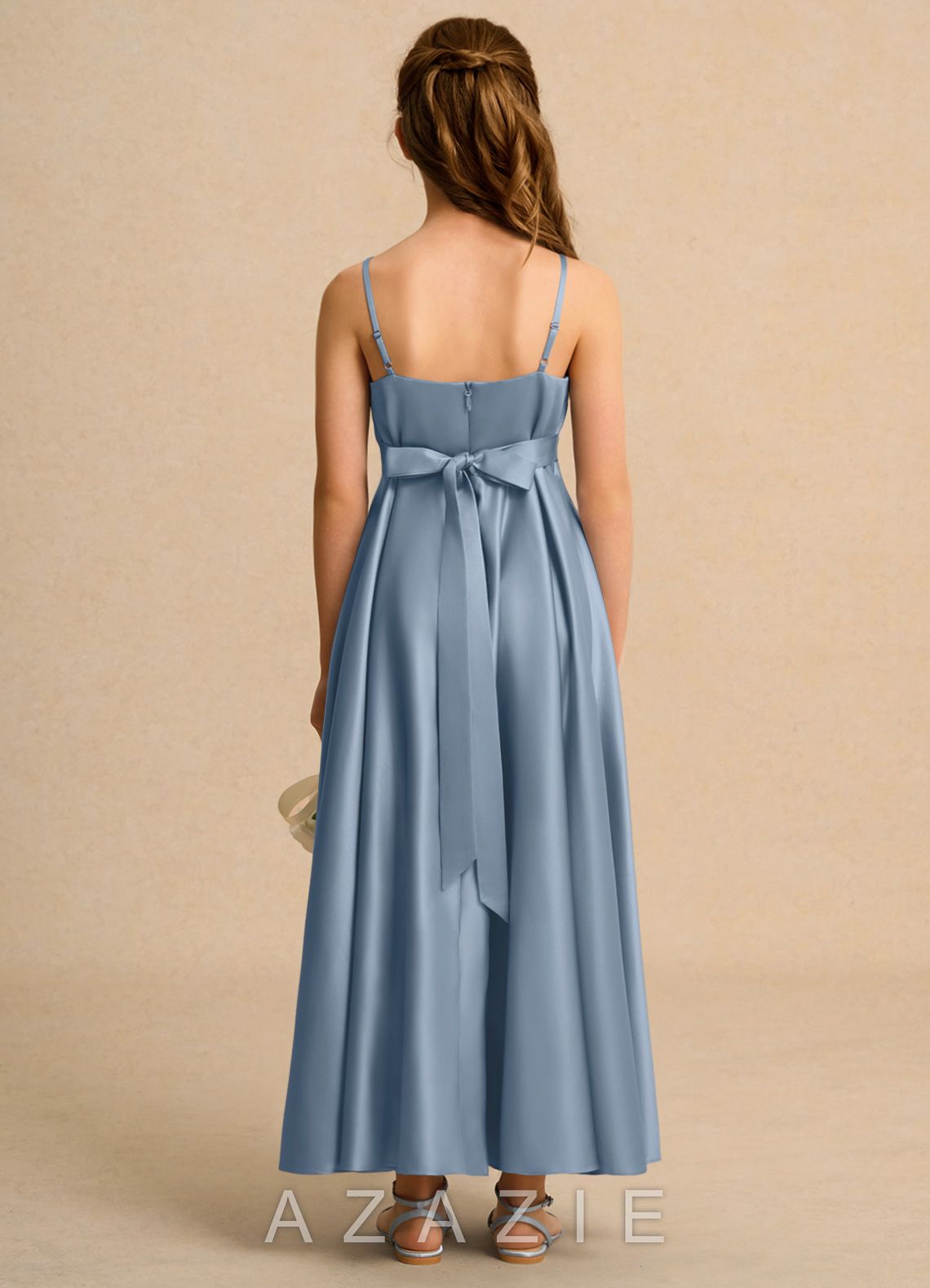 Azazie Pebbles Girls Formal Dusty Blue A-Line Pleated Matte Satin Dress dusty_blue