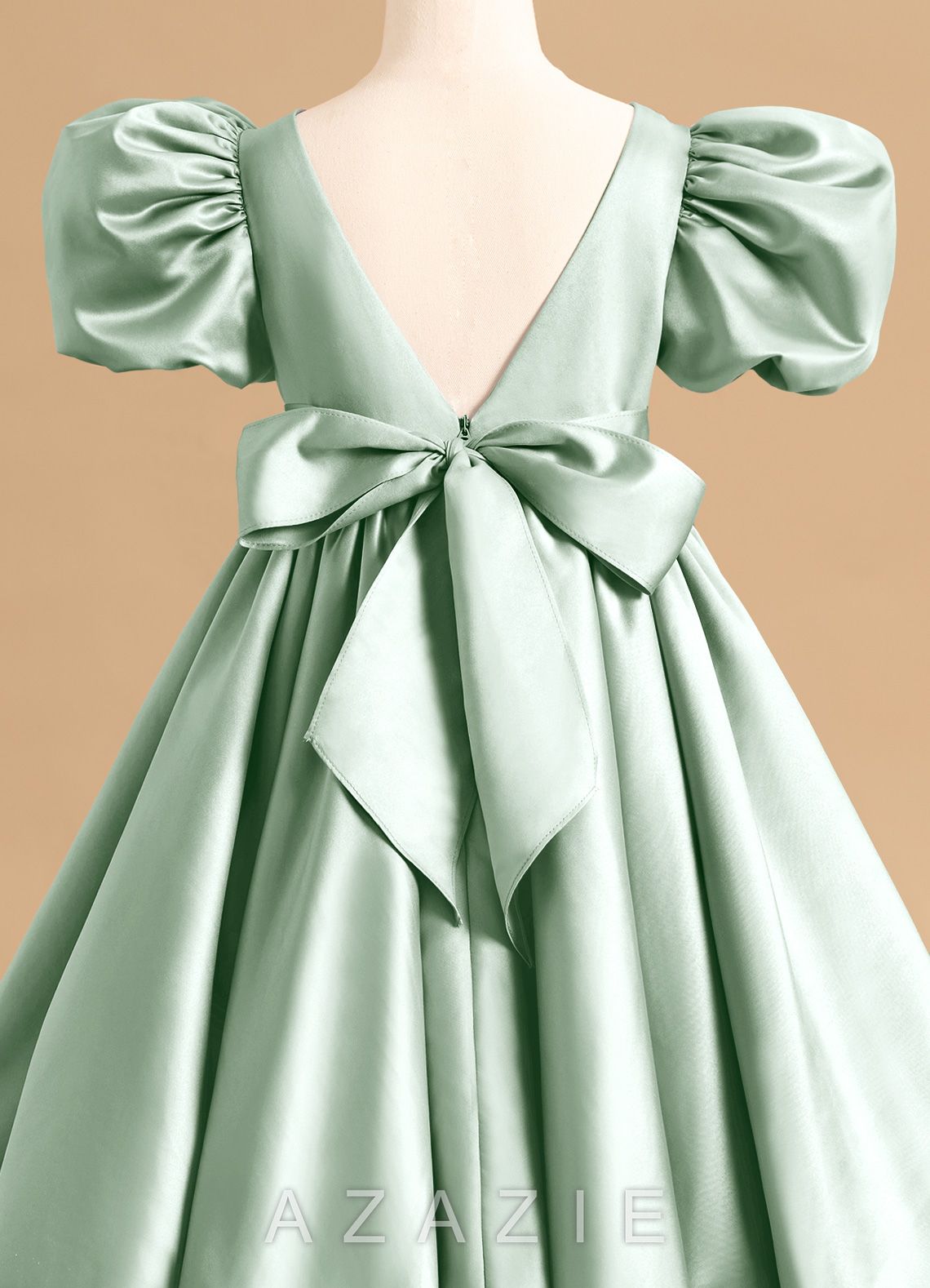 Azazie Jellybean Agave Ball-Gown Ruched Matte Satin Dress agave